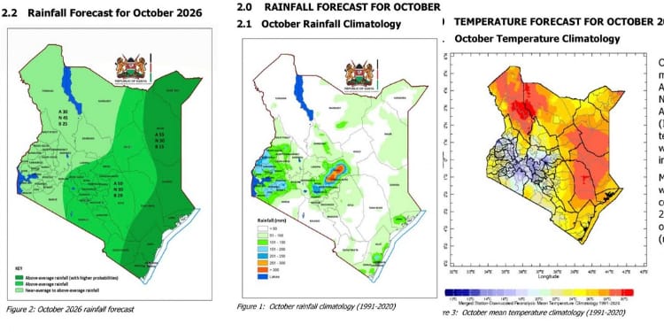 Kenya Met rainfall and temperature forecast for October 2026. PHOTO/KMD X.