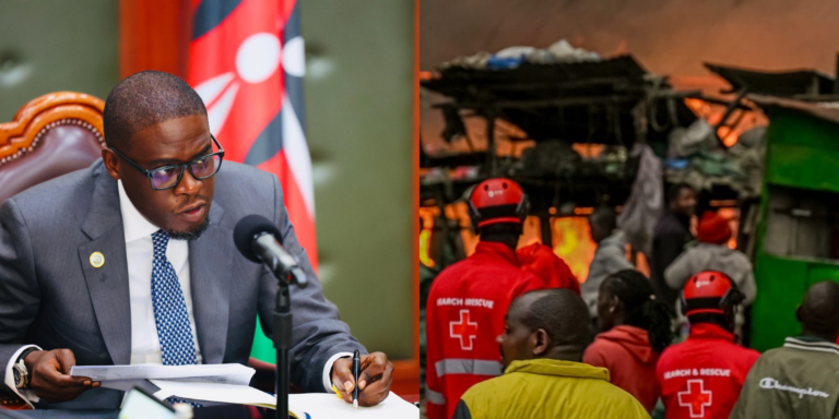 A photo collage of Nairobi Governor Johnson Sakaja and fire outbreak has been reported at Gikomba Market, affecting several businesses.