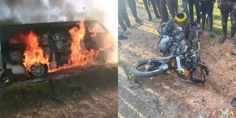 A photo collage of a 14 seater van engulfed in flames and a motorcycle wreckage follow an accident along Chavakali-Kapsabet road that left 2 dead. PHOTO/ file