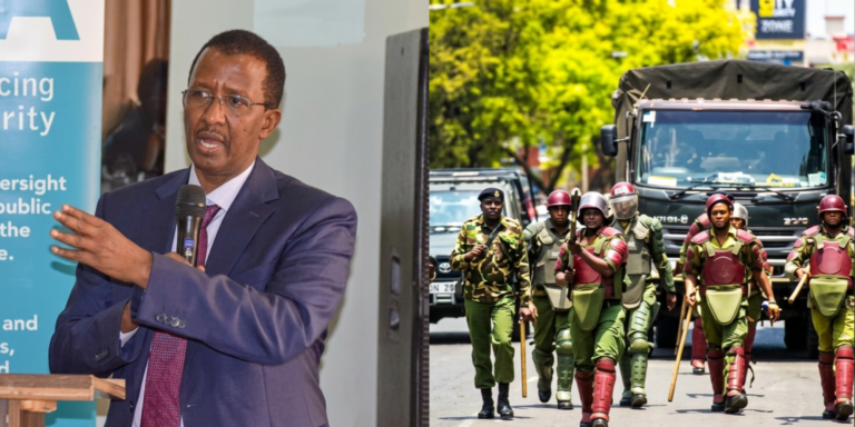 IPOA Chairperson Mr. Ahmed Issack Hassan and Kenyan GSU police match towards protestors in Nairobi CBD on August 4, 2024. PHOTO/ Citizen Digital/ IPOA