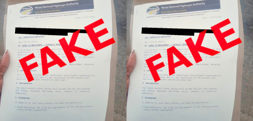 A photo showing the notice of KeNHA warning the public on fake employment contract letters. Photo/ KeNHA/ X