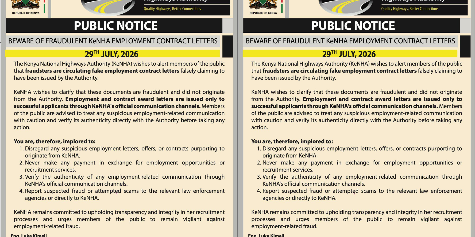 A photo showing the notice of KeNHA warning the public on fake employment contract letters. Photo/ KeNHA/ X 