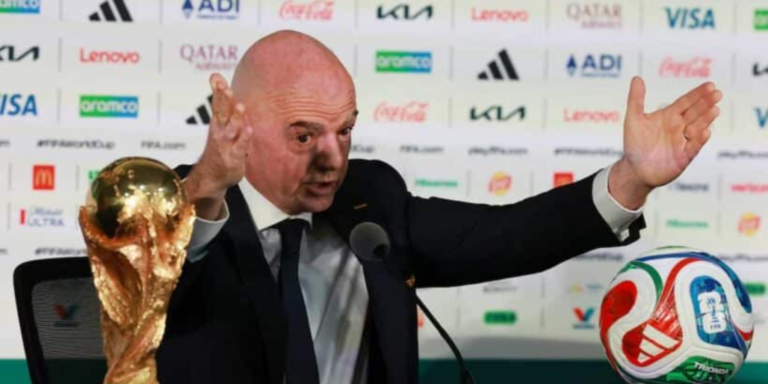 FIFA President Gianni Infantino Press Conference – Estadio Azteca, Mexico City, Mexico – June 10, 2026 FIFA President Gianni Infantino with the FIFA World Cup trophy during the press conference