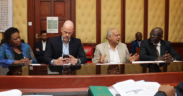 Bharat Shah, a director of the KAM Board, together with KAM CEO Tobias Alando at the National Assembly building during the discussion of 433% Excise Duty on industrial sugar. PHOTO/ KAM