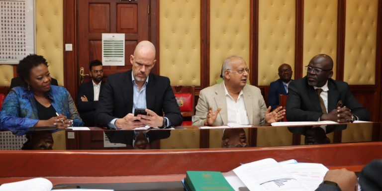 Bharat Shah, a director of the KAM Board, together with KAM CEO Tobias Alando at the National Assembly building during the discussion of 433% Excise Duty on industrial sugar. PHOTO/ KAM