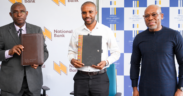 George Odhiambo, Managing Director, National Bank of Kenya; Martin Kariuki, General Manager, Vipingo Development and Ralph Opara, Access Bank Regional Managing Director, East Africa and Country Managing Director, Kenya, during the NBK-Centum MoU signing in Vipingo, Kilifi. PHOTO/File