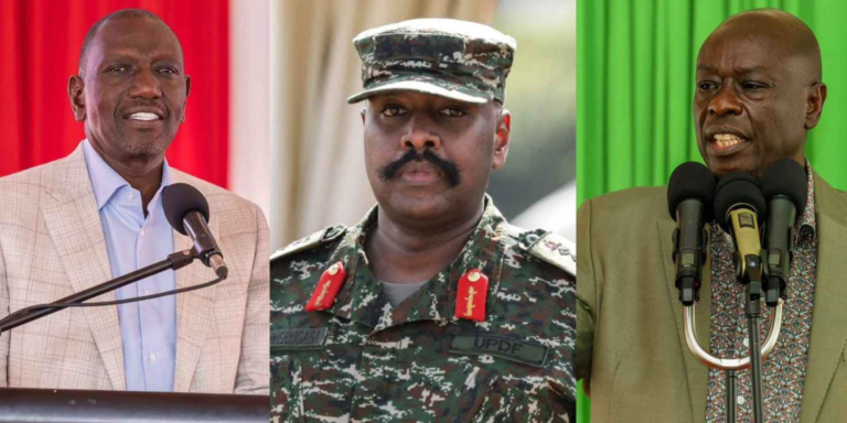 A photo collage of President William Ruto, Uganda's Chief of Defence Forces Gen Muhoozi Kainerugaba and DCP party leader, Rigathi Gachagua. PHOTO/ File
