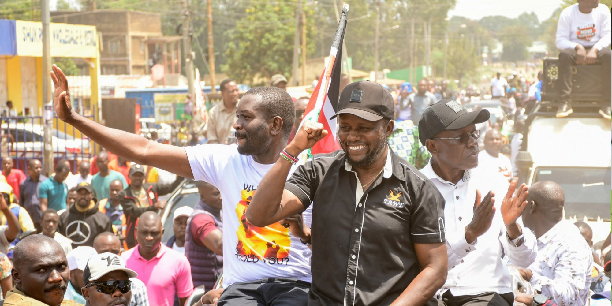 A photo of Nairobi Senator Edwin Sifuna and Trans Nzoia governor George Natembeya during a Linda Mwananchi rally in Mumias, Kakamega County on August 9, 2026. PHOTO/ Linda Mwananchi X