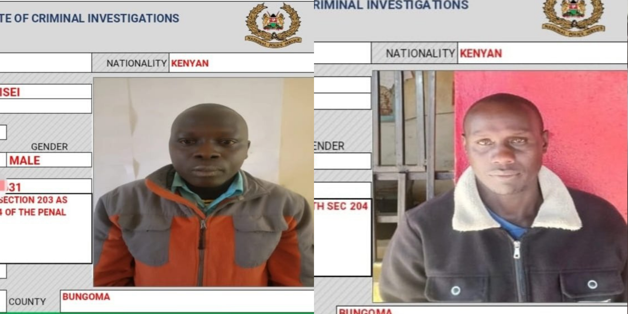 A photo collage of Robert Kimutai Psisei and Brian Chongin Kaos, suspects who surrendered for the murder of Mt. Elgon MP aspirant Nathan Masai Wasama.PHOTO/ DCI