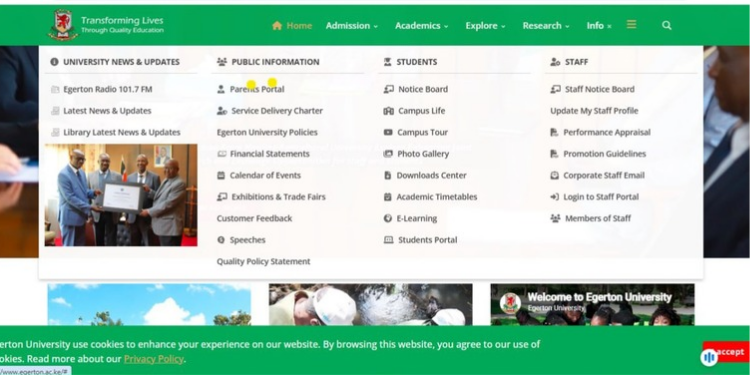 A photo of a screenshot showing the official website for Egerton University, including the parents' portal. PHOTO/ File