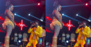 A photo of Arrow bwoy kneeling down to apologise to Nadia Mukami. Photo/ NGC