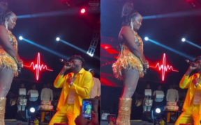 A photo of Arrow bwoy kneeling down to apologise to Nadia Mukami. Photo/ NGC