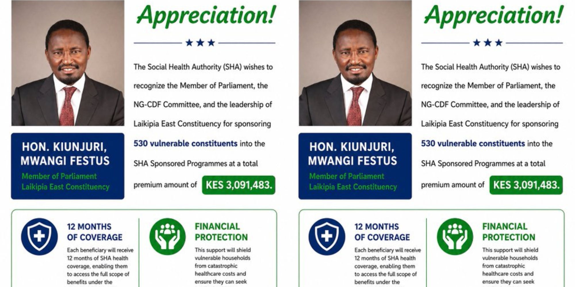 A photo showing SHA appreciation post to the Laikipia East MP after the sponsorship of the residents. Photo/ SHA