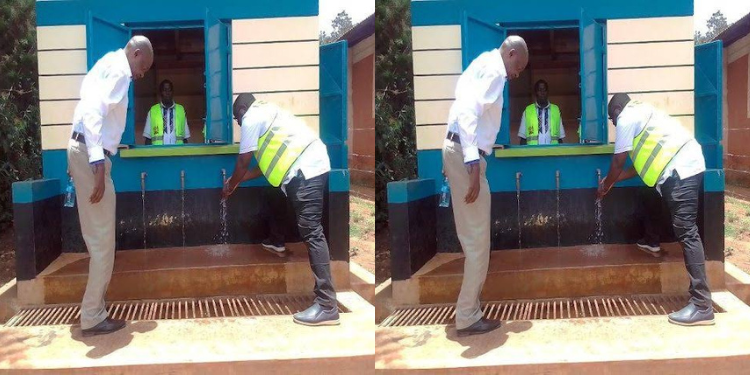 A photo showing a person fetting water from a kiosk sponsored by the Lake Victoria North Water Works Agency . Photo/ Courtesy