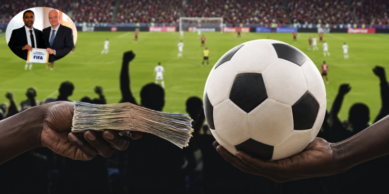 An AI-generated photo illustrating match-fixing, featuring inserts of FIFA President Gianni Infantino and Football Kenya Federation (FKF) President Hussein Mohammed.