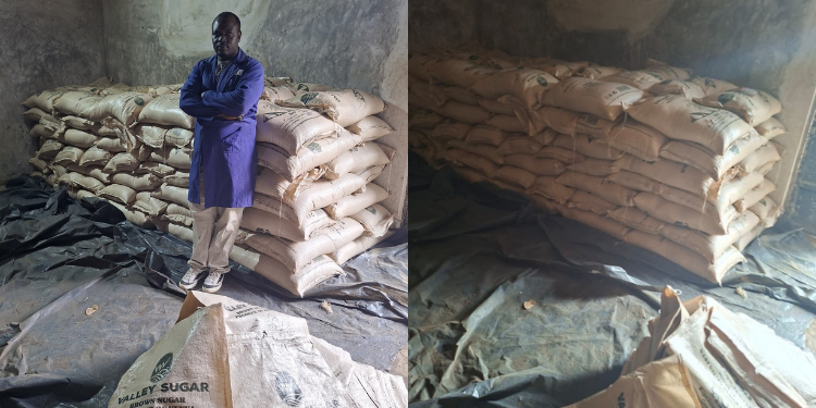 An image showing illegal sugar rebrandedand the arrested suspect in Bungoma. Photo/ DCI