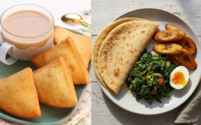 A photo collage of Mandazi and tea (chai) and a photo of chapati, Vegetables and egg for breakfast. PHOTO/ Instagram @delisheatsandsips/ Pinterest.