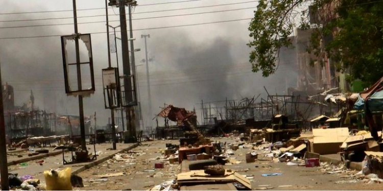 This photo taken on April 18, 2023, shows a street view after armed conflicts in Khartoum, Sudan. Fierce fighting broke out between the Sudanese Armed Forces (SAF) and the paramilitary Rapid Support Forces (RSF) on April 15, 2023. (Photo by Mohamed Khidir/Xinhua)