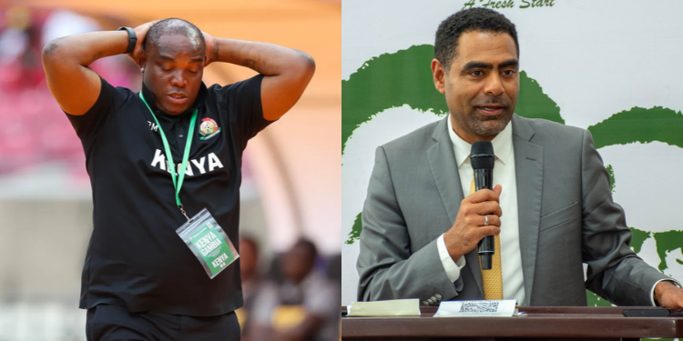 A photo collage of Harambee Stars head coach Benni McCarthy and FKF President Hussein Mohamed
