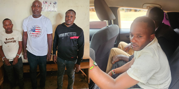 A photo showing Ben Mutuku,Simon Makau and Samuel Mbolu,, the three suspects arrested in connection to the Mpesa Robbery in Katangi Yatta on May 2026 . Photo/ DCI