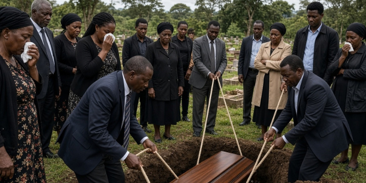 A photo showing Coffin being lowered into the grave . Photo/ Grok