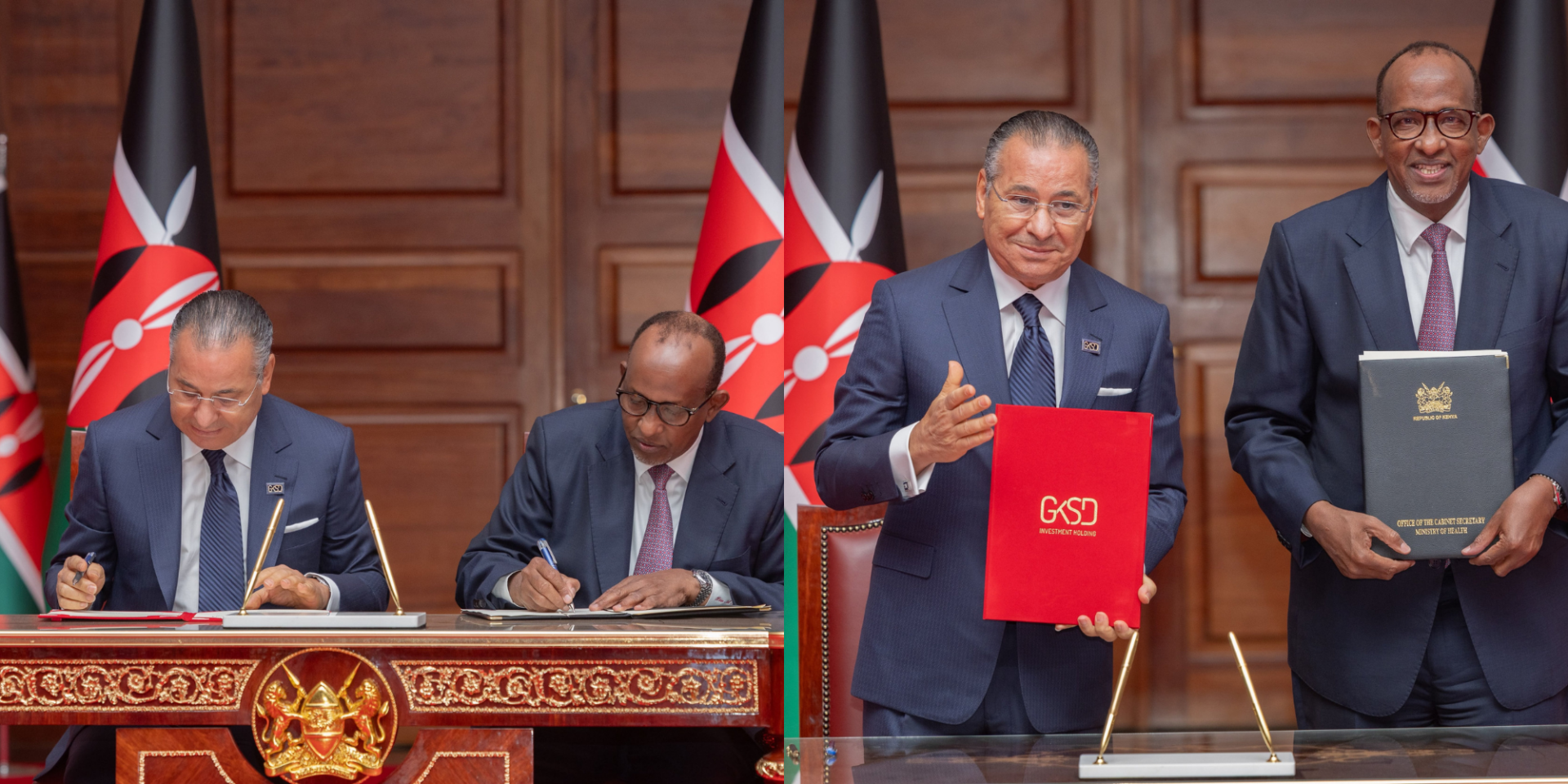 A photo showing Health CS Aden duale signing the partnership with the Chairman of the Italian firm GKSD Group on September 8. Photo /Aden Duale