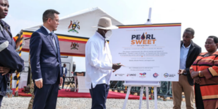 A photo showing President Museveni welcoming the Pearl Sweet crude blend. Photo Courtesy