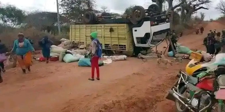 A photo showing the lorry after it overturned in Kitui leaving five people dead. Photo/ File