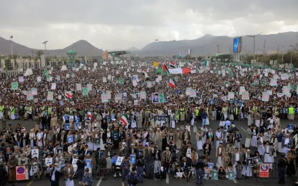 Houthis rally in solidarity with Iran and Lebanon, amid the US-Israeli conflict with Iran, in the Yemeni capital Sanaa on March 6, 2026. (Mohammed HUWAIS / AFP)