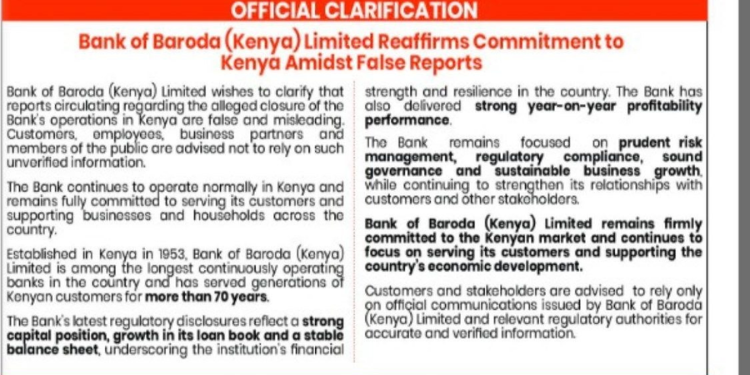 Bank of Baroda, in a statement issued on September 18, 2026, dismissed reports that it is closing its operations in Kenya.