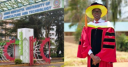 Collage photo showing Didmus Barasa graduating with his PhD from Murang'a university and gate of JKUAT . Photo/ File
