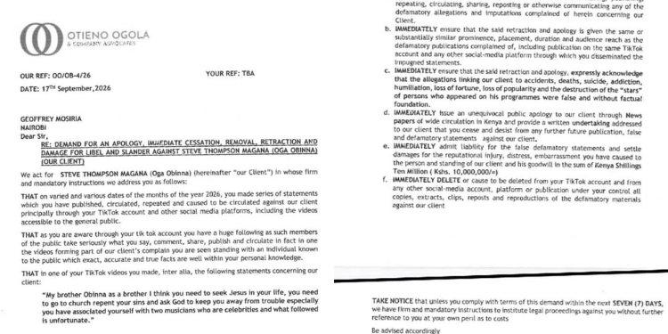 Collage photo showing the demand letter issued by Obinna's lawyers to Mosiria. Photo/ Obinna/ IG