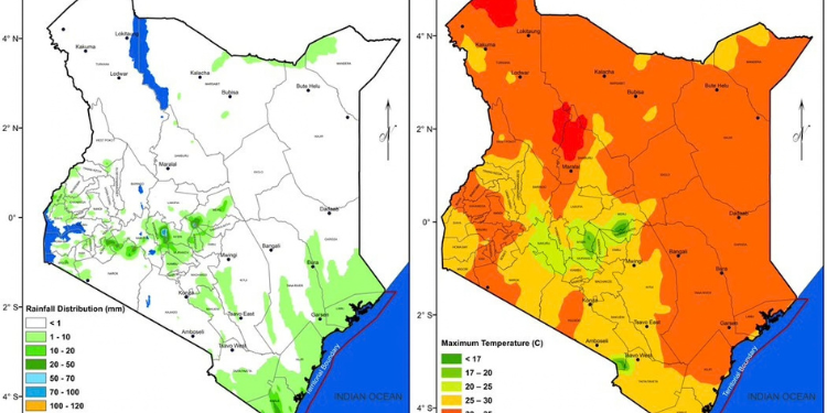 Collage photo showing the predicted areas set to experience high and low temperatures at night and day time and a photo showing the distribution of rain this week. Photo/ Kenya Met