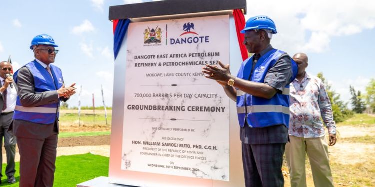 President William Ruto and Nigerian businessman Aliko Dangote during the groundbreaking for the Dangote East Africa Refinery in Lamu County on September 30, 2026. PHOTO/ PCS