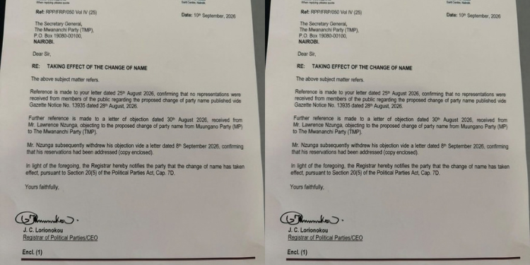 Photo showing ORPP Letter confirming the timeline for Mwananchi party name registration. Photo/ Babu Owino/ FB