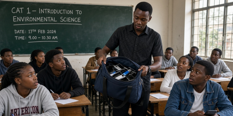 Photo showing a lecturer administering exams to colleged students . Photo/ Ai Generated.