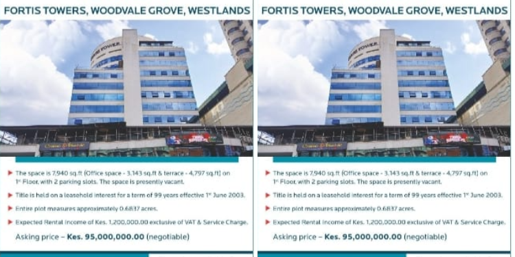 Photo showing a notice on Fortis Towers Property With 7,940 Sq Ft Put Up for Sale. Photo/ Courtesy