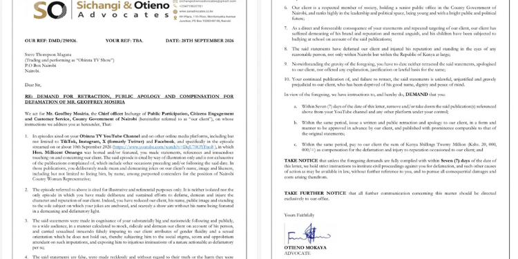 Photo showing the demand letter issued by Mosiria's Lawyers to Obinna TV over defamation allegations. Photo/ Mosiria/ X