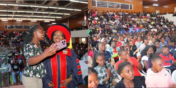 Jomo Kenyatta University of Agriculture and Technology (JKUAT) Vice Chancellor Prof. Victoria Wambui Ngumi with students at the culmination of the 2026/2027 students’ orientation week, September 4, 2026. PHOTO/X