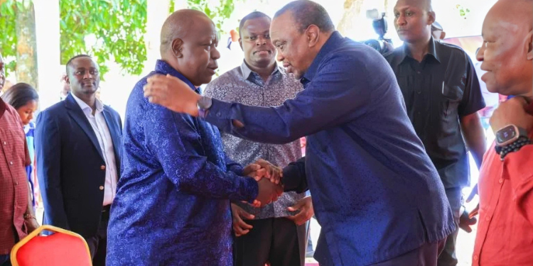 Uhuru Kenyatta, former Interior Cabinet Secretary Fred Matiang’i and People’s Party of Kenya (PPK) leader Ndindi Nyoro on Friday, September 18, 2026, attended the burial of Christine Waruguru Kariuki, mother of former State House Comptroller George Kariuki, in Gikuu, Kiharu Constituency. PHOTO/Mediamax