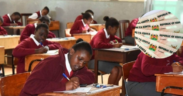 A photo of KCSE candidates at Moi Girls' High School in Eldoret town, Uasin County, tackle an examination paper on November 07, 2023 and an insert of National Identity Cards. PHOTO/Jared Nyataya | Nation Media Group/ Immigration Department FB
