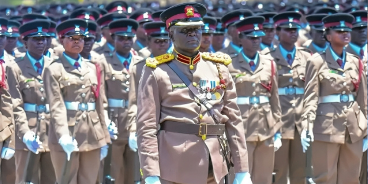 A photo ofSuperintendent of Police Abraham Kemboi of Administration Police Training College (APTC) commanding a past parade. PHOTO/ Police Nation Facebook