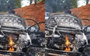 A photo of vehicles torched after chaos broke out during the rally of DP Kithure Kindiki in Embu. PHOTO/ Screengrab