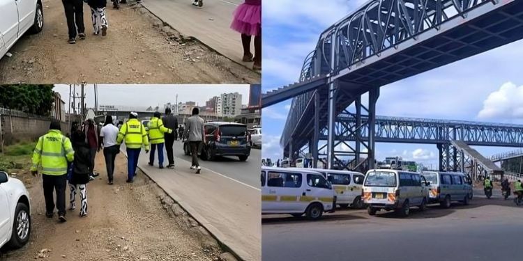 A photo of pedestrians being arrested for not using the footbridge. PHOTO