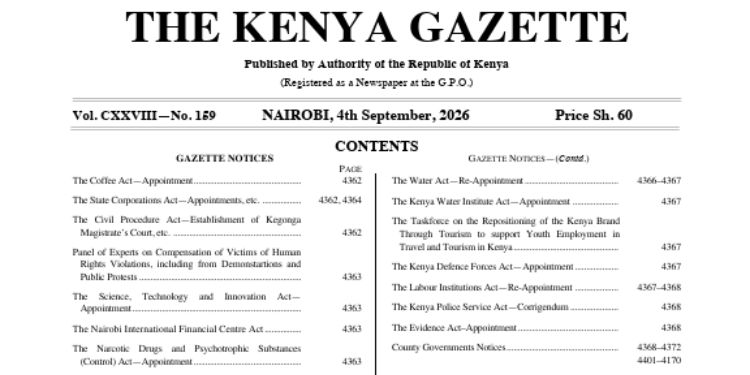 A copy of the Kenya Gazette issued on September 4, 2026, containing the latest government appointments and reappointments. Credits Gazette Notice