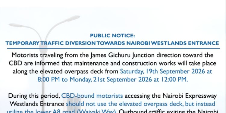 A notice on temporary traffic diversion at the Westlands overpass by Moja Expressway. Photo/x