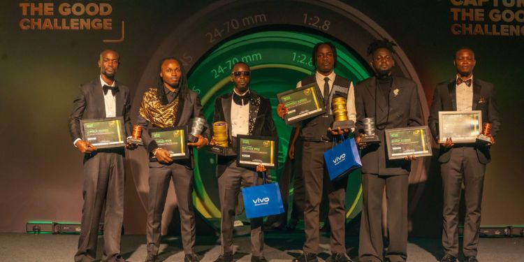 Capture the Good Challenge winners Mathew Meli, Charles Muia, Lameck Ododo, Kennedy Kamau, David Mutuku and Phillip Otieno pose for a photo during the awards ceremony at Mövenpick Hotel in Nairobi on Monday, September 28, 2026. PHOTO/ SAFARICOM