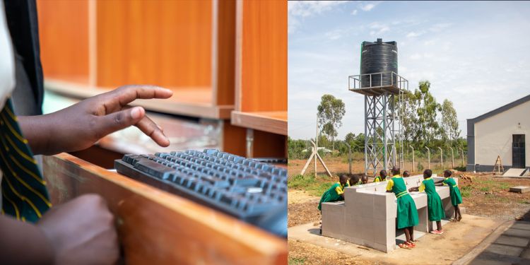 A learner uses a desktop computer in the newly established 40-seater ICT laboratory as other learners access clean water at newly constructed handwashing stations below an elevated 10,000-litre water storage tank at Upanda Comprehensive School in Alego-Usonga Sub-County. PHOTO/ FILE