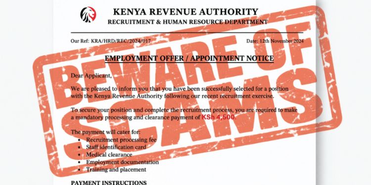 A notice on a fake KRA appointment letter asking job seekers to pay KSh4,500 to complete the recruitment process. Photo/x