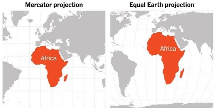 The Mercator projection (left) makes Africa appear smaller, while the Equal Earth projection (right) shows the continent’s size more accurately. PHOTO/ X